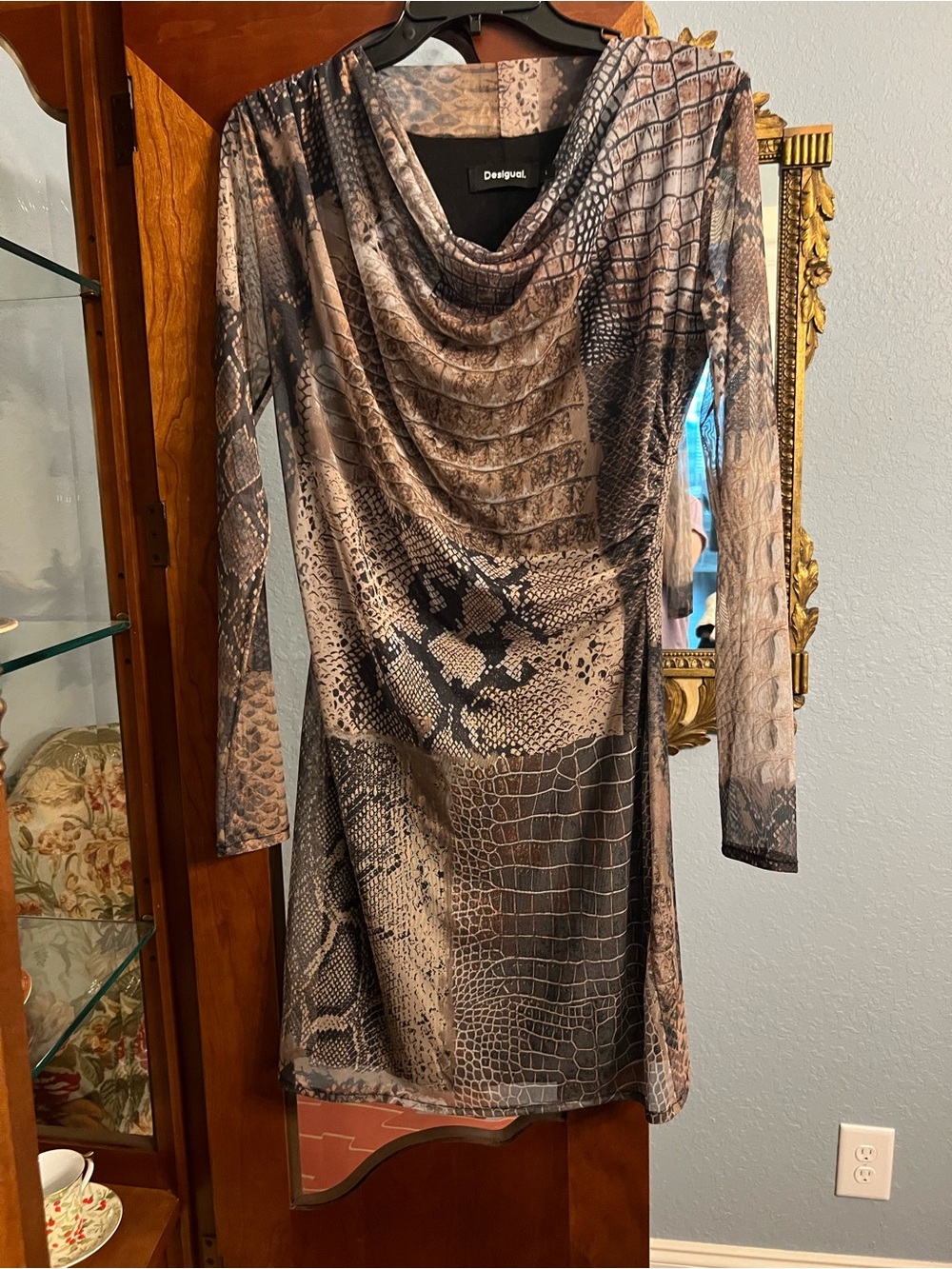 Desigual Long-Sleeve Cowl Neck Snake-Print Dress in Brown and Taupe
